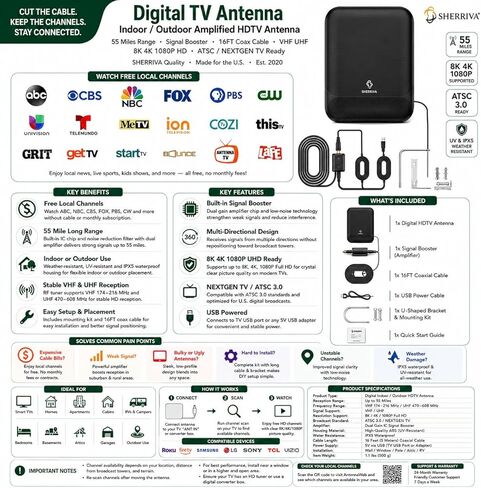 Digital TV Antenna for Smart TV Indoor & Outdoor, 55 Miles Amplified HDTV Antenna with Signal Booster, Reception for Local Channels 8K 4K 1080P HD VHF UHF, with 16ft Coax Cable in Kuwait