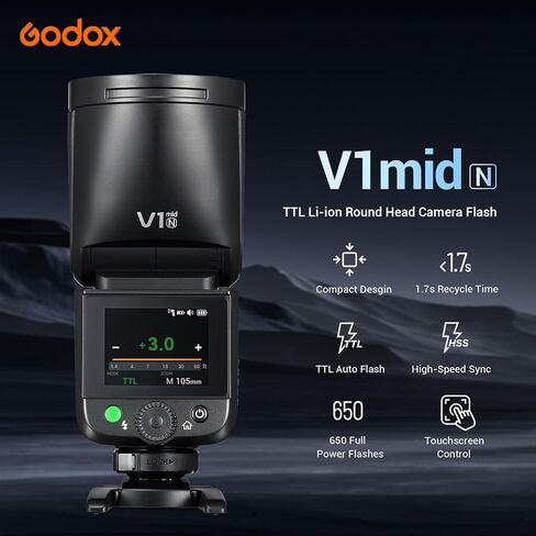 فلاش كاميرا Godox V1 Mid N مستدير الرأس، TTL Li-ion 650 مصباح تشكيل مرن كامل الطاقة لنيكون 1/80000s HSS Hot Shoe Speedlight 1.7s وقت إعادة التدوير 5300K±200K Speedlite للمنتج/الزفاف/الصورة in Kuwait