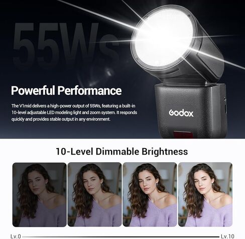 فلاش كاميرا Godox V1 Mid N مستدير الرأس، TTL Li-ion 650 مصباح تشكيل مرن كامل الطاقة لنيكون 1/80000s HSS Hot Shoe Speedlight 1.7s وقت إعادة التدوير 5300K±200K Speedlite للمنتج/الزفاف/الصورة in Kuwait