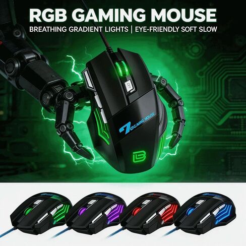 【طول السلك 59 بوصة - USB 】 ماوس سلكي بصري للألعاب إصدار 2026، تأثير إضاءة RGB، التوصيل والتشغيل، DPI حتى 7200، مناسب لنظام Windows 7/8/10/XP Vista Linux in Kuwait