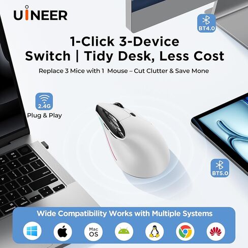 Uineer Vertical Ergonomic Mouse, 3-Mode Wireless Bluetooth 5.0/4.0 & 2.4G with USB-A Receiver, Rechargeable Office Mice, Connects Up to 3 Devices, Silent Click, 4 DPI, 7-Color LED for PC, Laptop,Mac in Kuwait