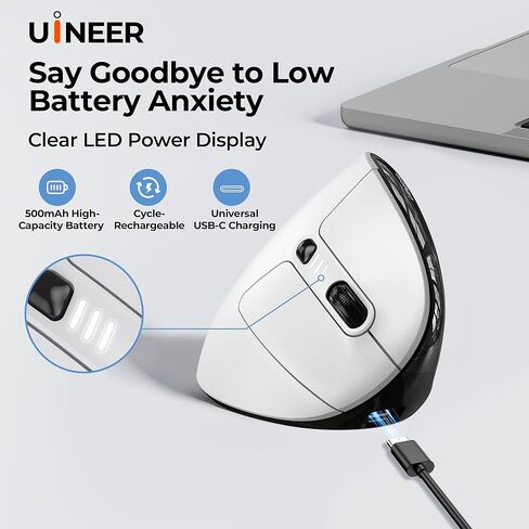 Uineer Vertical Ergonomic Mouse, 3-Mode Wireless Bluetooth 5.0/4.0 & 2.4G with USB-A Receiver, Rechargeable Office Mice, Connects Up to 3 Devices, Silent Click, 4 DPI, 7-Color LED for PC, Laptop,Mac in Kuwait