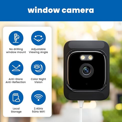 2K Indoor Window Camera with Adjustable Mount, No Drill Window Security Camera, Anti-Glare Glass Design, Night Vision, Local Storage, Easy Install Camera for Indoor Monitoring Outdoor (2 pack) in Kuwait