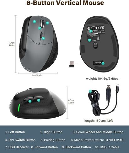 XUANGUI Vertical Ergonomic Quiet Wireless Mouse Rechargeable MT65, Bluetooth 5.1/2.4G/USBC Tri-Mode Computer Mice for Large and Medium Hands, Max 4800 DPI, Type C and Witeless for PC Laptop Mac Tablet in Kuwait
