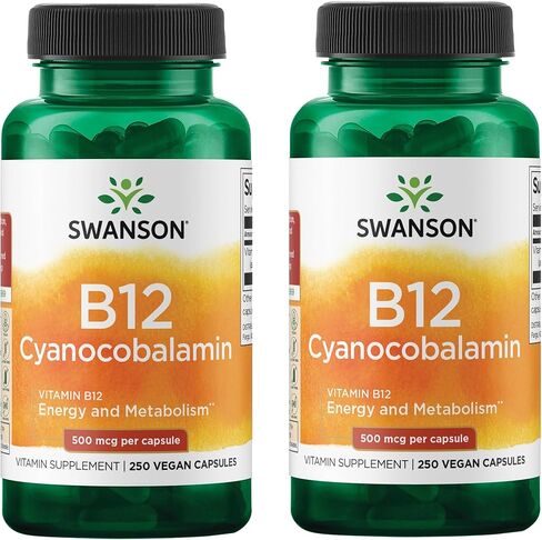Swanson Vitamin B12 (Cyanocobalamin) - Vitamin Supplement Promoting Energy Metabolism, Nervous System Health & Heart Support - Supports Red Blood Cell Formation (250 Capsules, 500mcg Each) (2 Pack) in Saudi Arabia