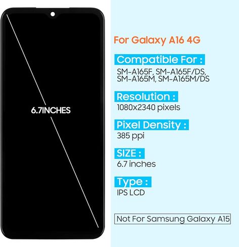 Incell Screen Replacement for Samsung Galaxy A16 4G LCD Display for Galaxy A16 4G LCD Touchscreen Digitizer Assembly with Repair Tools Kit SM-A165B SM-A165P (Black with Frame,Not for A16 5G) in Kuwait