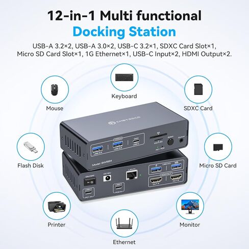 محطة إرساء USB C مع مفتاح KVM وشاشتين وجهاز كمبيوتر 4K@60 هرتز HDMI EDID KVM ومفاتيح شاشة مزدوجة لجهازي كمبيوتر محمول تشترك في 1G Ethernet و5 أجهزة USB A/C وفتحات بطاقة SD/microSD in Kuwait