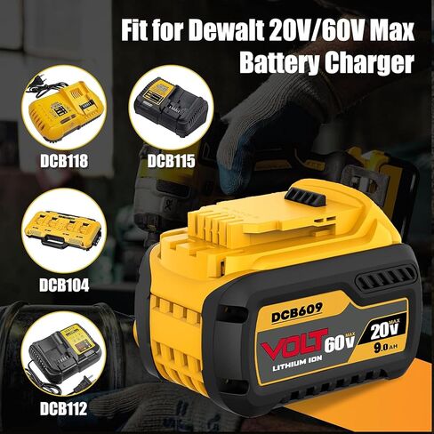 DCB609 Battery & DCB118 Fast Charger Combo | 2-Pack 20V-60V MAX 9Ah Replacement Batteries with 8A Rapid Charger | Compatible with DeWalt 20V/60V MAX Tools in Saudi Arabia