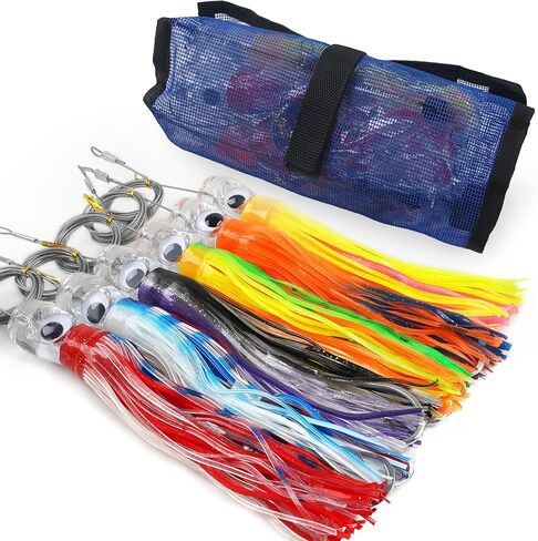 Trolling Lure Saltwater, 6.5/9inch 6pcs Squid Skirted Deep Sea Fishing Lure Kit Wire Rigged Tuna Marlin Wahoo Shark Mahi Trolling Fishing Lures with Mesh Bag in Kuwait