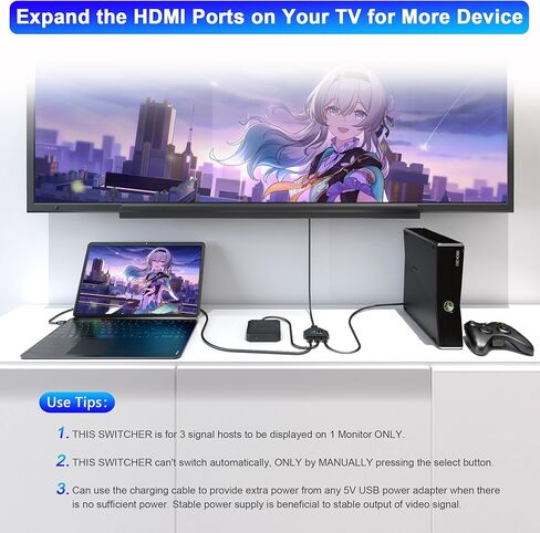 HDMI Switch 3 in1 Out Selector، 4K@30 هرتز، 3 منافذ HDMI Switcher Box لـ 3 أجهزة، محول محور HDMI يدعم Full HD 1080P 3D، متوافق مع جهاز عرض HDTV PS5/PS4 Xbox Fire Stick Roku Laptop in Kuwait