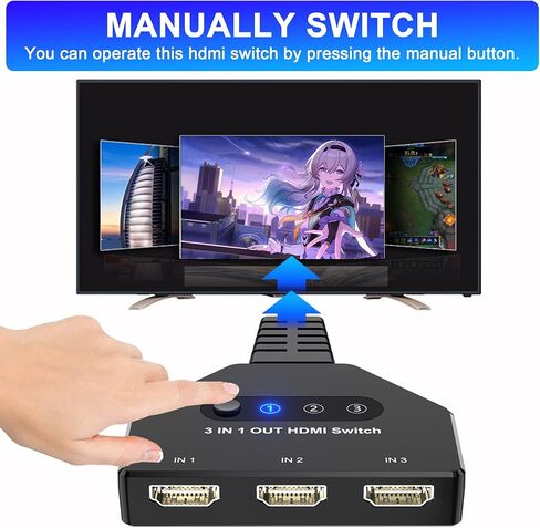 HDMI Switch 3 in1 Out Selector، 4K@30 هرتز، 3 منافذ HDMI Switcher Box لـ 3 أجهزة، محول محور HDMI يدعم Full HD 1080P 3D، متوافق مع جهاز عرض HDTV PS5/PS4 Xbox Fire Stick Roku Laptop in Kuwait