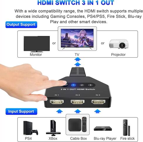 HDMI Switch 3 in1 Out Selector، 4K@30 هرتز، 3 منافذ HDMI Switcher Box لـ 3 أجهزة، محول محور HDMI يدعم Full HD 1080P 3D، متوافق مع جهاز عرض HDTV PS5/PS4 Xbox Fire Stick Roku Laptop in Kuwait