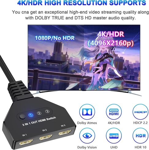 HDMI Switch 3 in1 Out Selector، 4K@30 هرتز، 3 منافذ HDMI Switcher Box لـ 3 أجهزة، محول محور HDMI يدعم Full HD 1080P 3D، متوافق مع جهاز عرض HDTV PS5/PS4 Xbox Fire Stick Roku Laptop in Kuwait