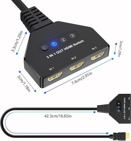 HDMI Switch 3 in1 Out Selector، 4K@30 هرتز، 3 منافذ HDMI Switcher Box لـ 3 أجهزة، محول محور HDMI يدعم Full HD 1080P 3D، متوافق مع جهاز عرض HDTV PS5/PS4 Xbox Fire Stick Roku Laptop in Kuwait