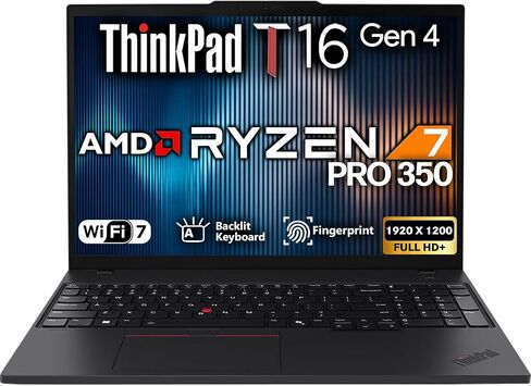 Lenovo ThinkPad T16 Gen 4 16 FHD+ Display, AMD Ryzen 7 AI Pro 350, oemgenuine Customized Laptop, 16GB / 32GB / 64GB RAM, 512GB / 1TB / 2TB SSD, Backlit Keyboard, WiFi 7, Webcam, Win 11 Pro - Black in Kuwait