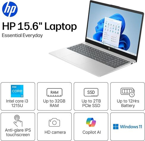 كمبيوتر محمول HP بشاشة تعمل باللمس مقاس 15.6 بوصة • إصدار 2026 • وحدة معالجة مركزية Intel 6-Core i3 • ذاكرة وصول عشوائي (RAM) سعة 8 جيجابايت • محرك أقراص PCle SSD سعة 256 جيجابايت • نظام التشغيل Windows 11 • فضي طبيعي (متجدد) in Kuwait