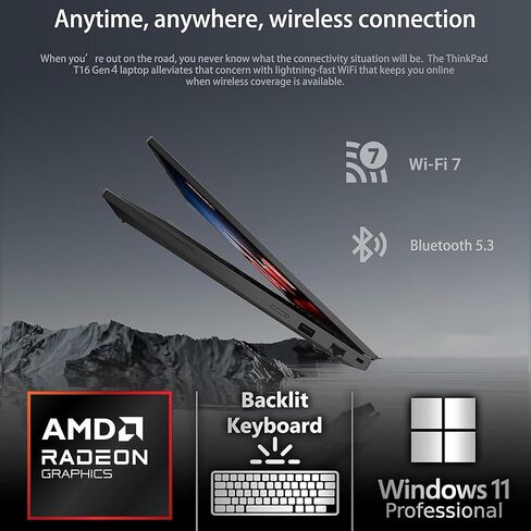 Lenovo ThinkPad T16 Gen 4 16 FHD+ Display, AMD Ryzen 7 AI Pro 350, oemgenuine Customized Laptop, 16GB / 32GB / 64GB RAM, 512GB / 1TB / 2TB SSD, Backlit Keyboard, WiFi 7, Webcam, Win 11 Pro - Black in Kuwait