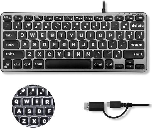 لوحة مفاتيح سلكية صغيرة من Macally لجهاز Mac (مزدوج USB-C وUSB-A) - لوحة مفاتيح USB صغيرة مدمجة مع مفاتيح بإضاءة خلفية كبيرة للطباعة، وكتابة مفتاح مقص هادئ، متوافقة مع MacBook Air وMac mini in Kuwait