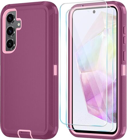Qinmay Phone Case for Samsung Galaxy A37 5G Case with HD Screen Protector, Heavy Duty Shockproof & Dropproof 3-Layer Cover Phone Case for Galaxy A37,WineRedPink in Saudi Arabia