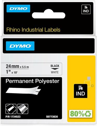ملصقات البوليستر الدائمة الصناعية DYMO Rhino | 24 ملم × 5.5 م | طباعة سوداء على أبيض | ذاتية اللصق | لصانعي ملصقات LabelManager وRino in Kuwait