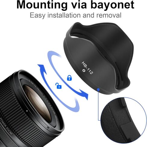 غطاء غطاء عدسة زهرة حربة HB-112 لكاميرا Nikon NIKKOR Z DX مقاس 12-28 مم F3.5-5.6 PZ VR، عدسة - تحل محل عدسة Nikon HB-112، مضادة للتوهج، عدسة حماية، تصميم ذو وجهين in Kuwait