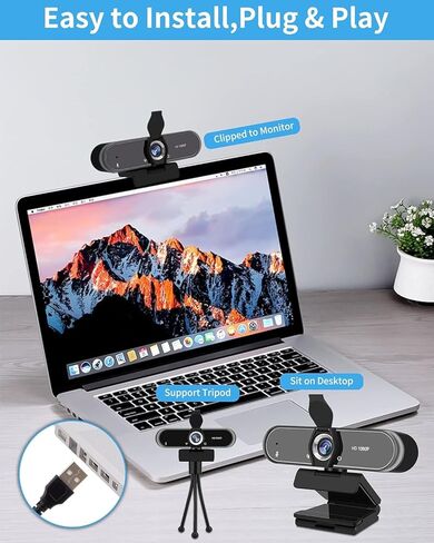 1080P Full HD Webcam with Microphone, 110° Wide Angle, Autofocus, USB Plug and Play, for Video Conferencing, Streaming, with Tripod in Kuwait