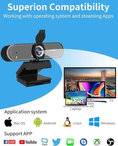 1080P Full HD Webcam with Microphone, 110° Wide Angle, Autofocus, USB Plug and Play, for Video Conferencing, Streaming, with Tripod in Kuwait