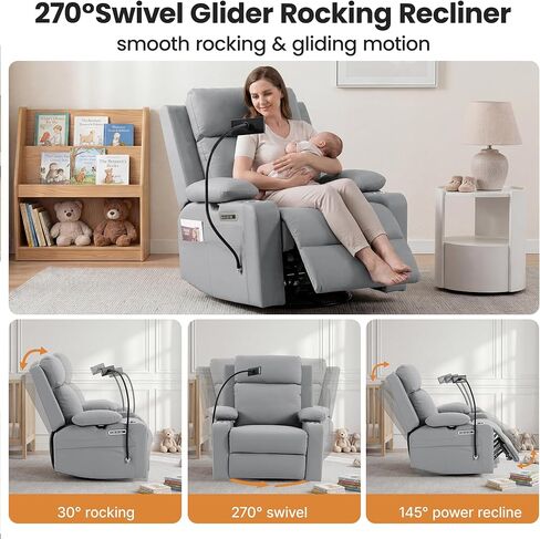 Power Rocking Chair Nursery with Adjustable Armrests and Headrest, Swivel Rocker Recliner with Electric Lumbar Support, Glider Recliners for Breastfeeding, Nursing Chair with USB, Cup Holder, Beige in Saudi Arabia