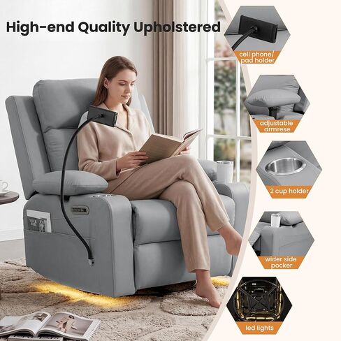 Power Rocking Chair Nursery with Adjustable Armrests and Headrest, Swivel Rocker Recliner with Electric Lumbar Support, Glider Recliners for Breastfeeding, Nursing Chair with USB, Cup Holder, Beige in Saudi Arabia
