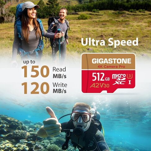 【استعادة البيانات لمدة 5 سنوات】 بطاقة GIGASTONE 512GB Micro SD، كاميرا 4K Pro، A2 V30 للهواتف الذكية، Gopro، كاميرات الحركة، تسجيل فيديو 4K UHD، R/W حتى 150/120 ميجابايت/ثانية، UHS-I U3 C10 فئة 10 مع محول in Kuwait