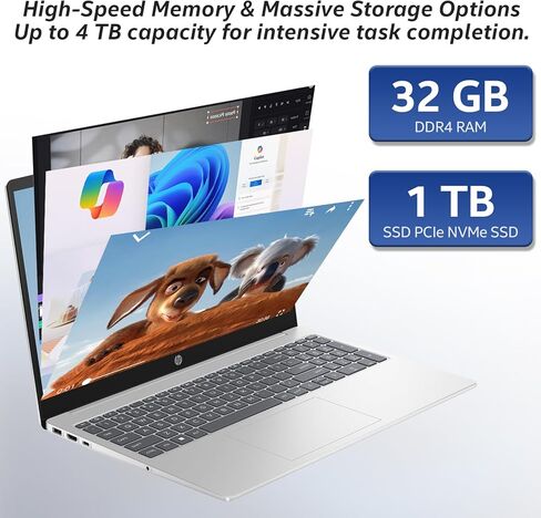 أجهزة الكمبيوتر المحمولة HP مقاس 17 بوصة، AMD Ryzen 5 7430U (Beats i7-1165G7)، ذاكرة الوصول العشوائي 32 جيجابايت، 1 تيرابايت NVMe SSD Windows 11 Pro، 17.3 بوصة FHD IPS، Copilot AI، لوحة مفاتيح رقمية، نوع c، فضي طبيعي (متجدد) in Kuwait