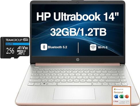 HP Rose Gold Ultrabook 14" Laptop HD Display (Intel N4500, 32GB DDR4, 1.2TB Storage (1TB PCIe SSD + 256GB microSD Card) WiFi 6, Bluetooth 5.2, Webcam, Win 11 H) with Microsoft 365 Personal in Kuwait