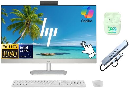 HP 27" FHD Touchscreen All-in-One Desktop Computer, Intel 12-Core Ultra 7 Processor, 64GB RAM 2.5TB Storage (2TB SSD+512GB External), Wireless Keyboard & Mouse, Windows 11, PLUSERA Earphones, White in Kuwait
