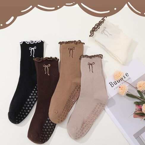 5 Pairs Women‘s Cute Pilates Socks with Grips, Non-Slip Ruffle Yoga Sock, Cotton Grippy Crew Sock for Barre Ballet in Saudi Arabia