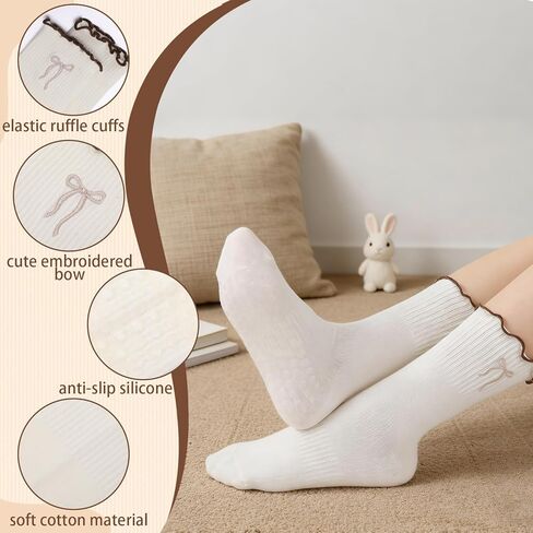 5 Pairs Women‘s Cute Pilates Socks with Grips, Non-Slip Ruffle Yoga Sock, Cotton Grippy Crew Sock for Barre Ballet in Saudi Arabia