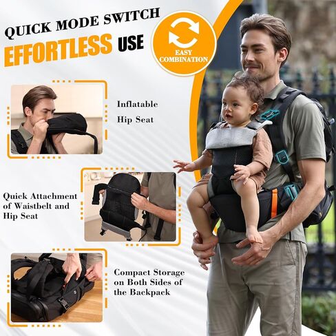 C1-All in 1 Modular Baby Backpack Carrier, Toddler Hiking Backpack with Convertible Baby Carrier & Hip Seat & Chest Bag, Easy to Wear & Switch, 500D Tactical Fabric Carrier for Hiking in Kuwait