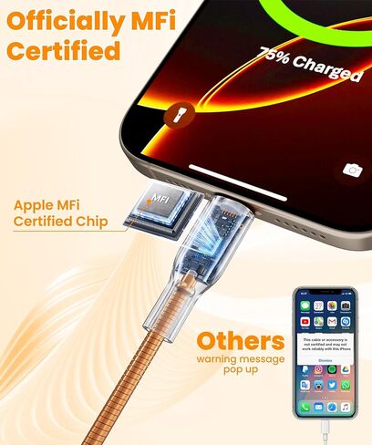 كابل لايتنينج معدني مجدول مقاوم للمضغ بطول 6 أقدام - كابل شحن USB إلى Lightning معتمد من MFi غير قابل للتدمير، سلك شاحن iPhone مقاوم للقطط والكلاب من الفولاذ المقاوم للصدأ، برتقالي in Kuwait
