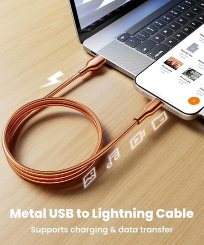 كابل لايتنينج معدني مجدول مقاوم للمضغ بطول 6 أقدام - كابل شحن USB إلى Lightning معتمد من MFi غير قابل للتدمير، سلك شاحن iPhone مقاوم للقطط والكلاب من الفولاذ المقاوم للصدأ، برتقالي in Kuwait