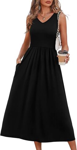 OFEEFAN Summer Dresses for Women 2026 Flowy Casual Midi Dress V Neck Beach Vacation Sundresses with Pockets in Saudi Arabia