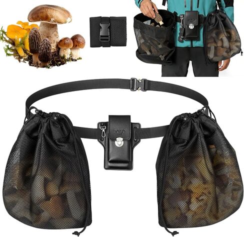 Mushroom Foraging Bag Kit with Adjustable Waistband - 2 Folding High-Density Thick Mesh Bags & Leather Tool Pouch, Suitable for Collecting Mushroom and Berry Pickers in Kuwait