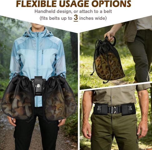 Mushroom Foraging Bag Kit with Adjustable Waistband - 2 Folding High-Density Thick Mesh Bags & Leather Tool Pouch, Suitable for Collecting Mushroom and Berry Pickers in Kuwait