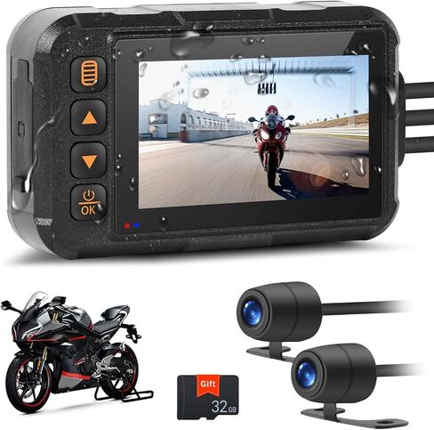 Motorcycle Dash Cam Dual HD Camera Front and Rear View,3" IPS Screen 720P IP67 Waterproof 150° Wide Angle Sportbike Recording DVR with G-Sensor,Loop Recording,Night Vision,Parking Monitor+32G SD in Kuwait