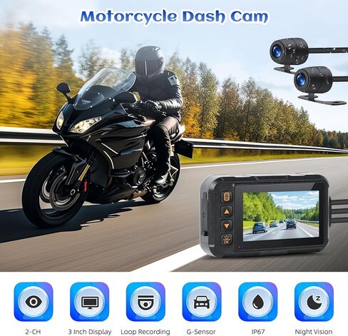 Motorcycle Dash Cam Dual HD Camera Front and Rear View,3" IPS Screen 720P IP67 Waterproof 150° Wide Angle Sportbike Recording DVR with G-Sensor,Loop Recording,Night Vision,Parking Monitor+32G SD in Kuwait
