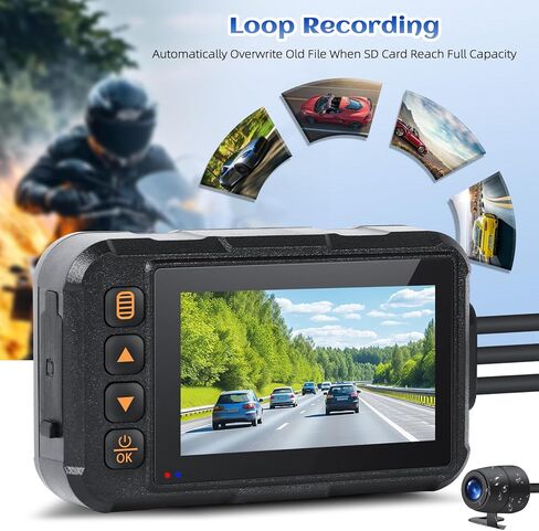 Motorcycle Dash Cam Dual HD Camera Front and Rear View,3" IPS Screen 720P IP67 Waterproof 150° Wide Angle Sportbike Recording DVR with G-Sensor,Loop Recording,Night Vision,Parking Monitor+32G SD in Kuwait