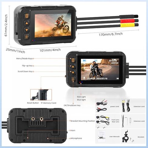 Motorcycle Dash Cam Dual HD Camera Front and Rear View,3" IPS Screen 720P IP67 Waterproof 150° Wide Angle Sportbike Recording DVR with G-Sensor,Loop Recording,Night Vision,Parking Monitor+32G SD in Kuwait
