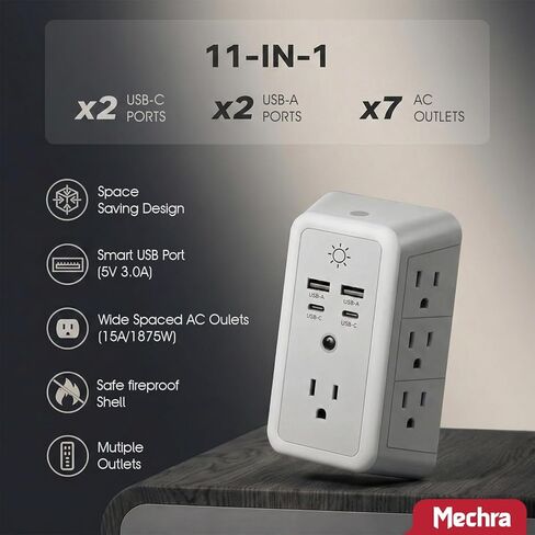 7 منافذ حماية من ارتفاع التيار الكهربائي مع ضوء ليلي، محول قابس متعدد 11 في 1 مع منفذي USB-C ومنفذي USB، موسع طاقة موفر للمساحة للسفر في المنزل والمكتب in Kuwait