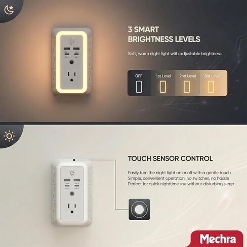 7 منافذ حماية من ارتفاع التيار الكهربائي مع ضوء ليلي، محول قابس متعدد 11 في 1 مع منفذي USB-C ومنفذي USB، موسع طاقة موفر للمساحة للسفر في المنزل والمكتب in Kuwait