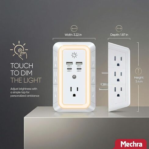 7 منافذ حماية من ارتفاع التيار الكهربائي مع ضوء ليلي، محول قابس متعدد 11 في 1 مع منفذي USB-C ومنفذي USB، موسع طاقة موفر للمساحة للسفر في المنزل والمكتب in Kuwait