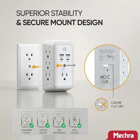 7 منافذ حماية من ارتفاع التيار الكهربائي مع ضوء ليلي، محول قابس متعدد 11 في 1 مع منفذي USB-C ومنفذي USB، موسع طاقة موفر للمساحة للسفر في المنزل والمكتب in Kuwait