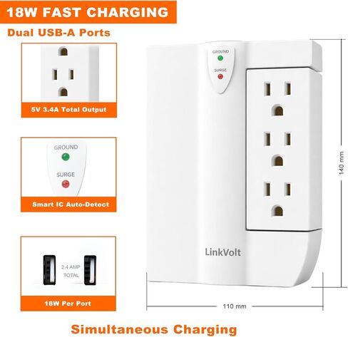 قطاع الطاقة الواقي من LINKVOLT مع 6 منافذ تيار متردد ومنفذي USB-A، حماية من زيادة التيار 1200J، منافذ دوارة 90 درجة، شحن USB 18 وات، مدرج ETL، سلك تمديد بطول 5 أقدام للمكتب المنزلي in Kuwait